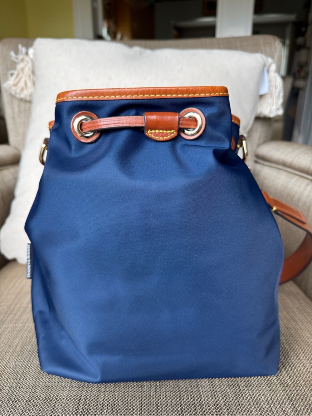 Dooney & Bourke Wayfarer Navy and Brown Drawstring Shoulder Bag - Picture 3 of 7
